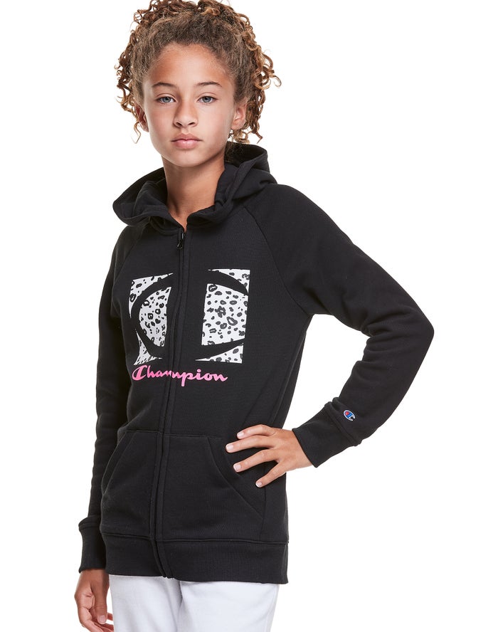 Champion Girls Hoodie NZ - Fleece Raglan Full Zip Leopard Knockout Logo Black ( 4571-SDTXC )